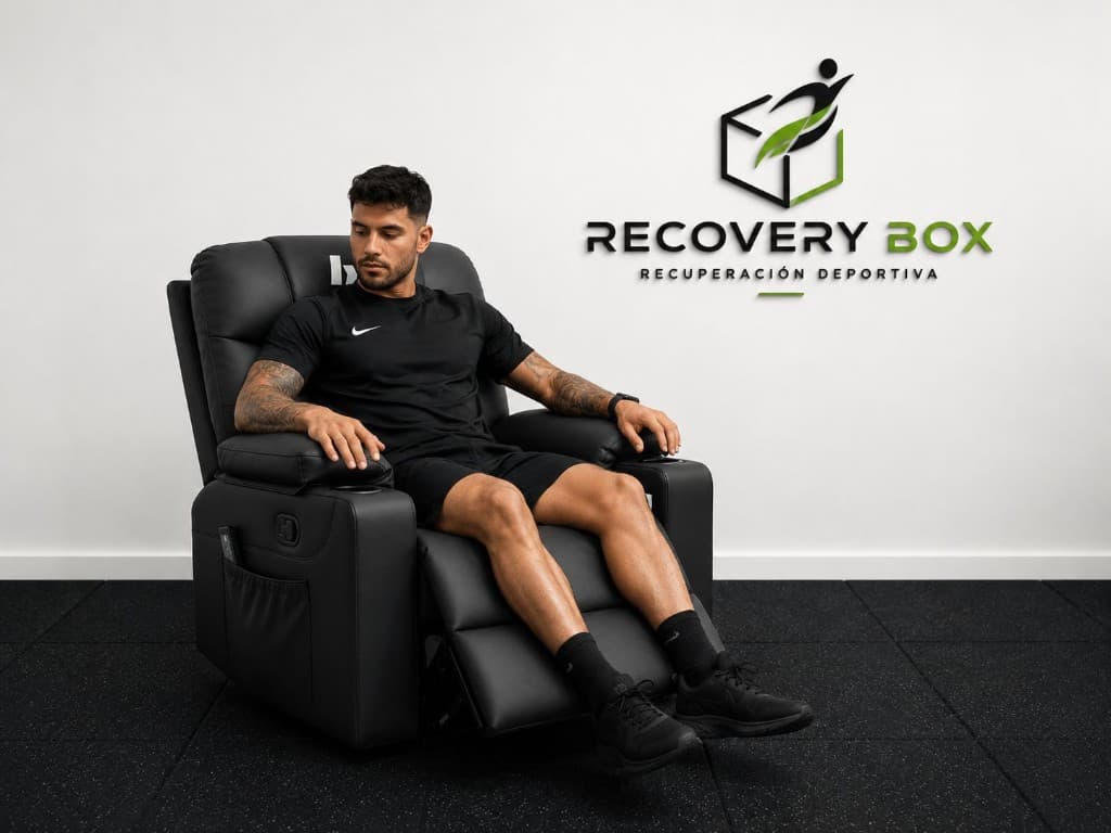 Persona relajada en sillón de masaje con vibración en Recovery Box
